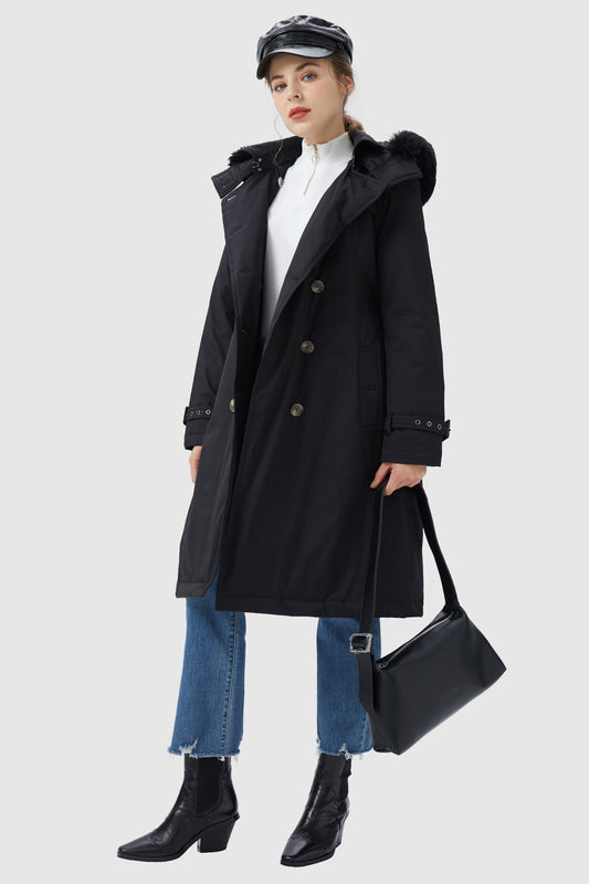 Detachable Fur Hooded Trench Down Coat