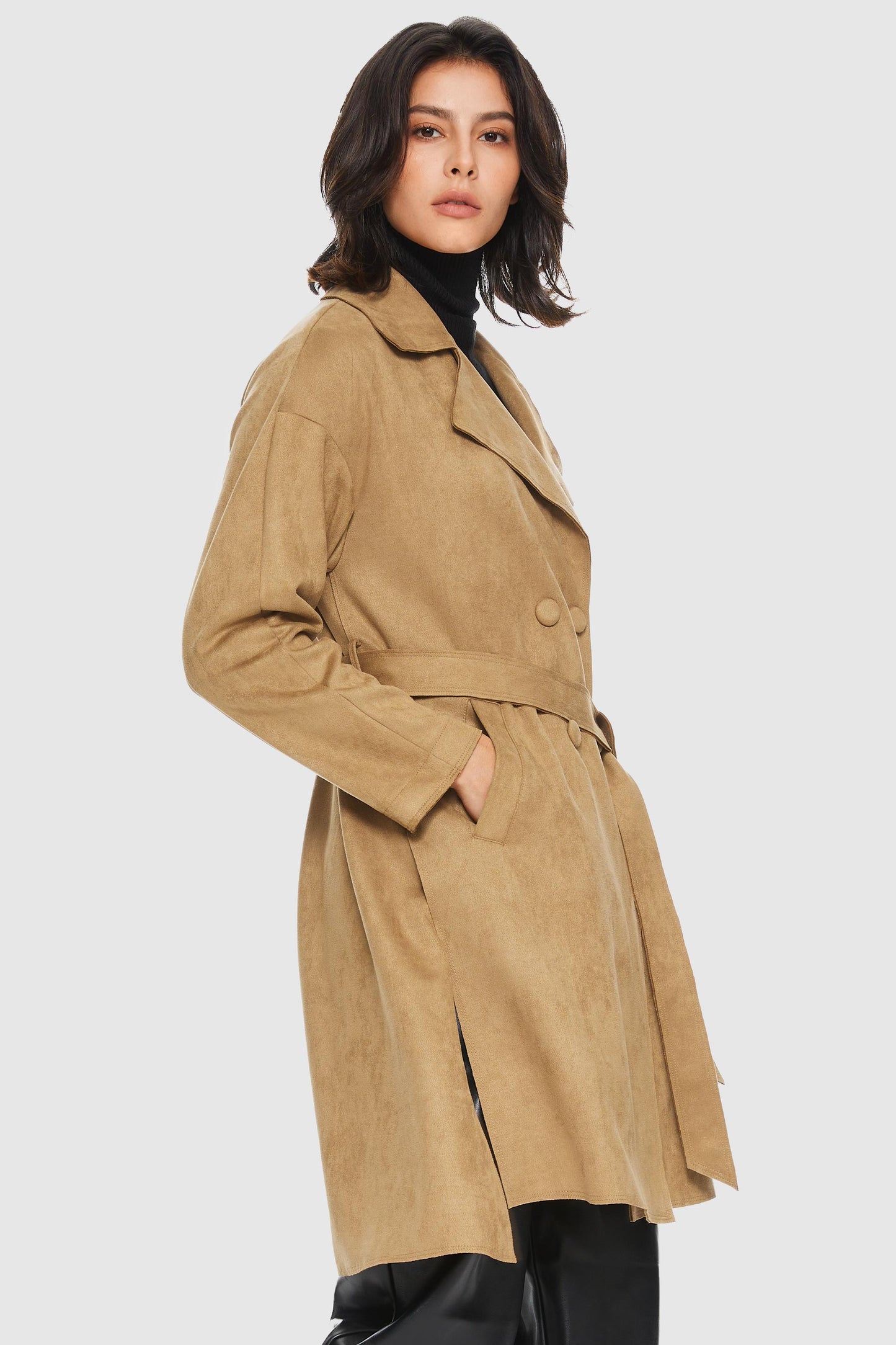 Double Breasted Faux Suede Trench Coat