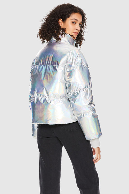 Puff-O Cosmos Metallic Shiny Cropped Winter Puffer Jacket