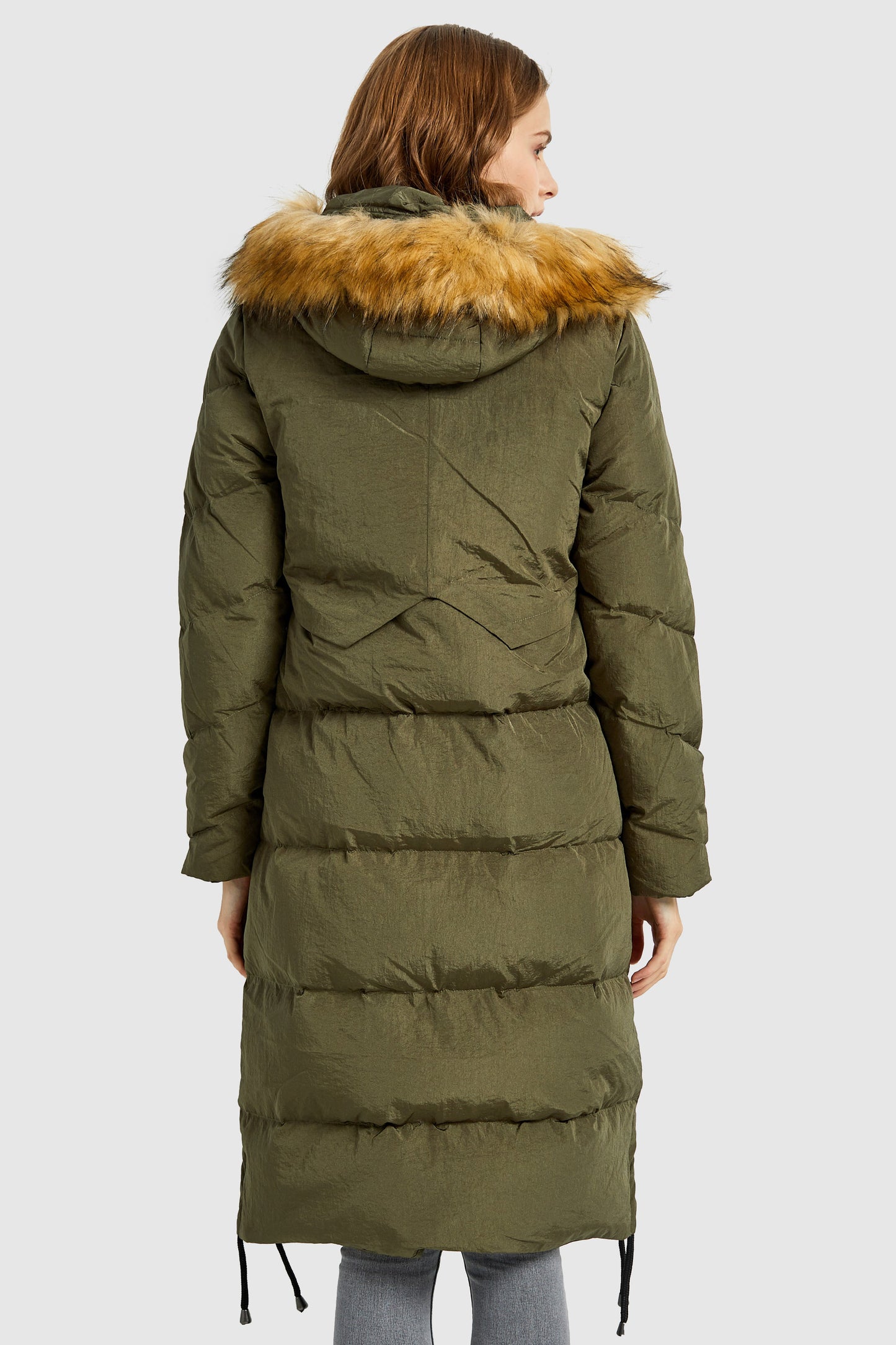 Winter Drawstring Down Coat Removable Faux Fur