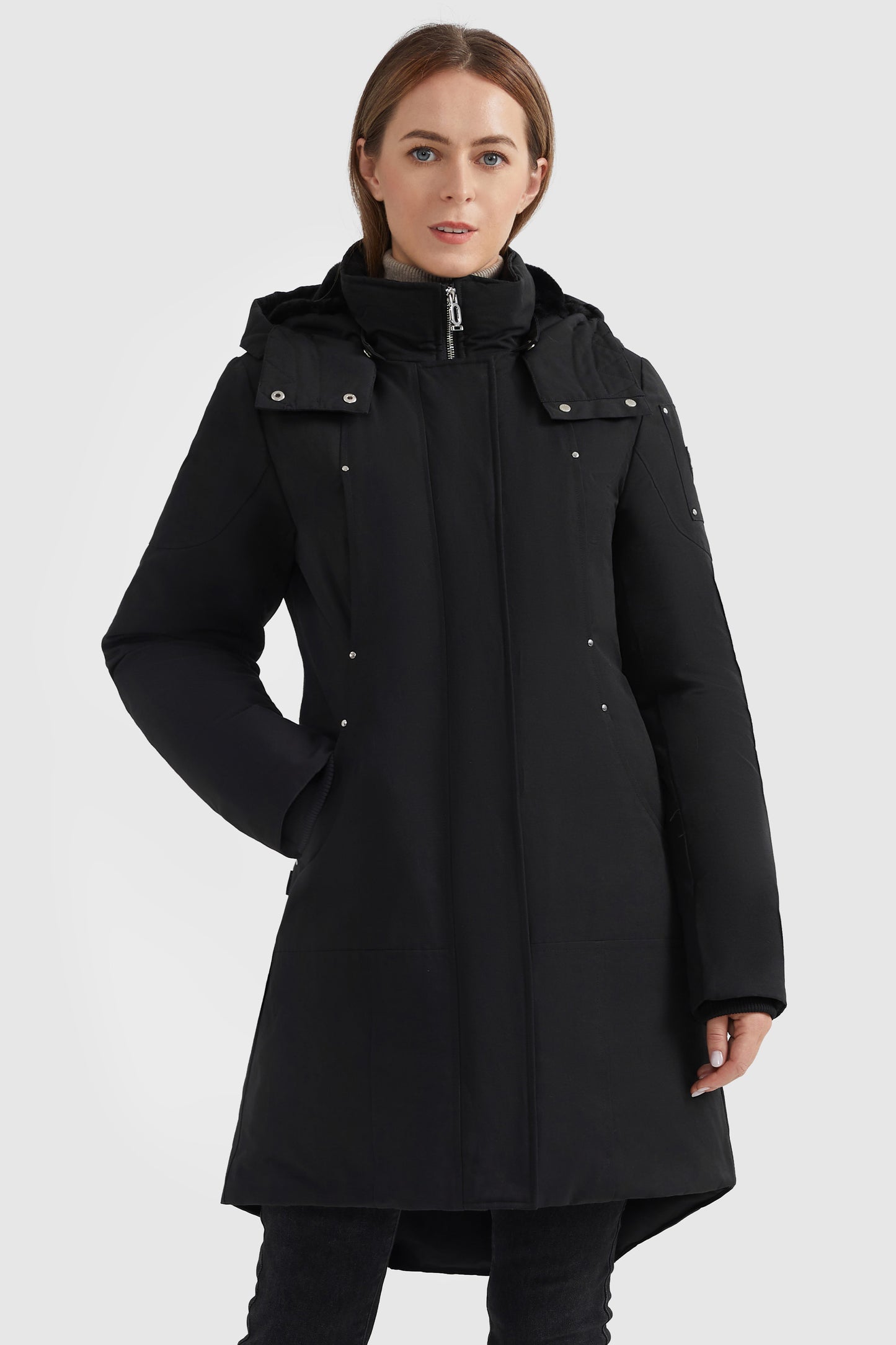 Mid-length Hooded Down Coat with Stand Collar